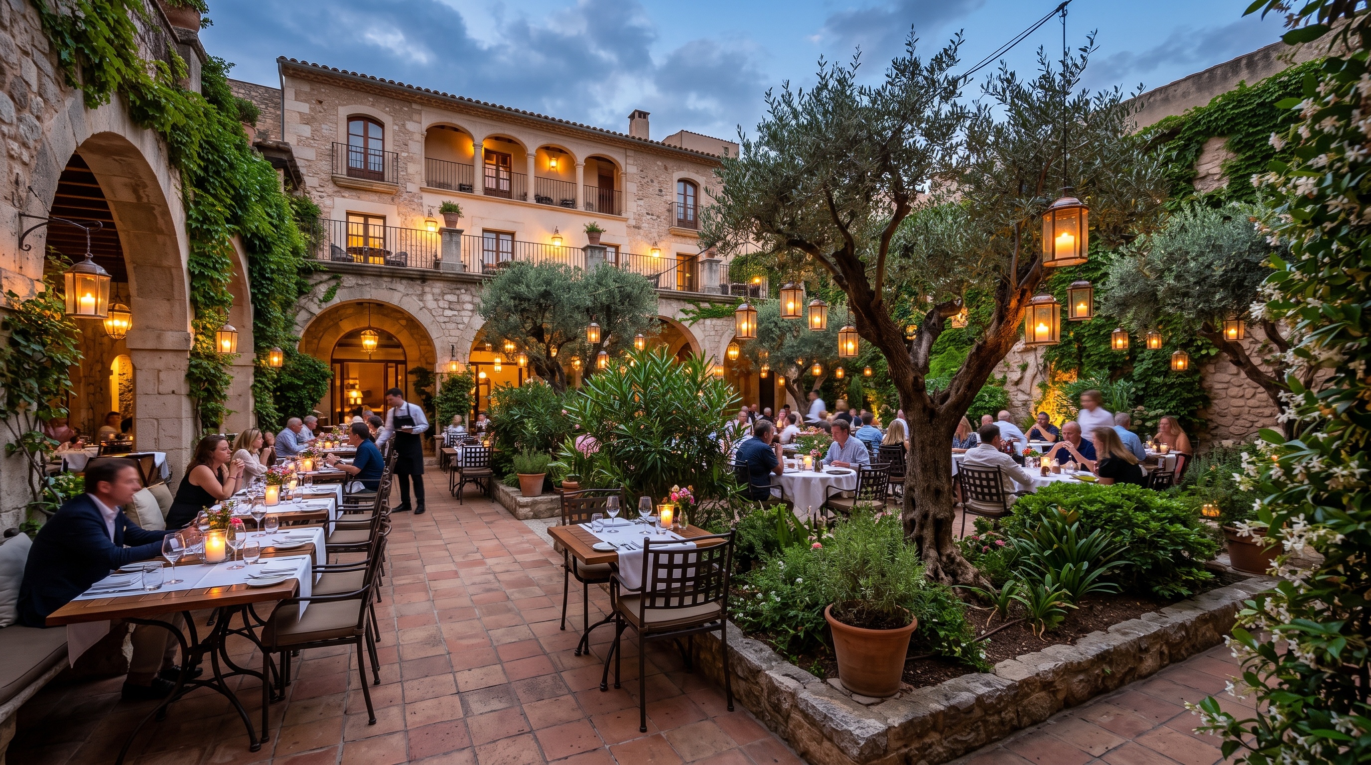 Ogrodowy dwór restauracyjny z lampionami o zmierzchu